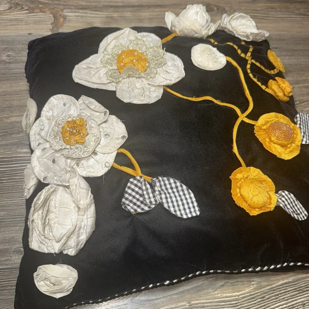 Mackenzie Childs Gardenia Square  Black Velvet Pillow, Raised Appliqué, 17 x 17